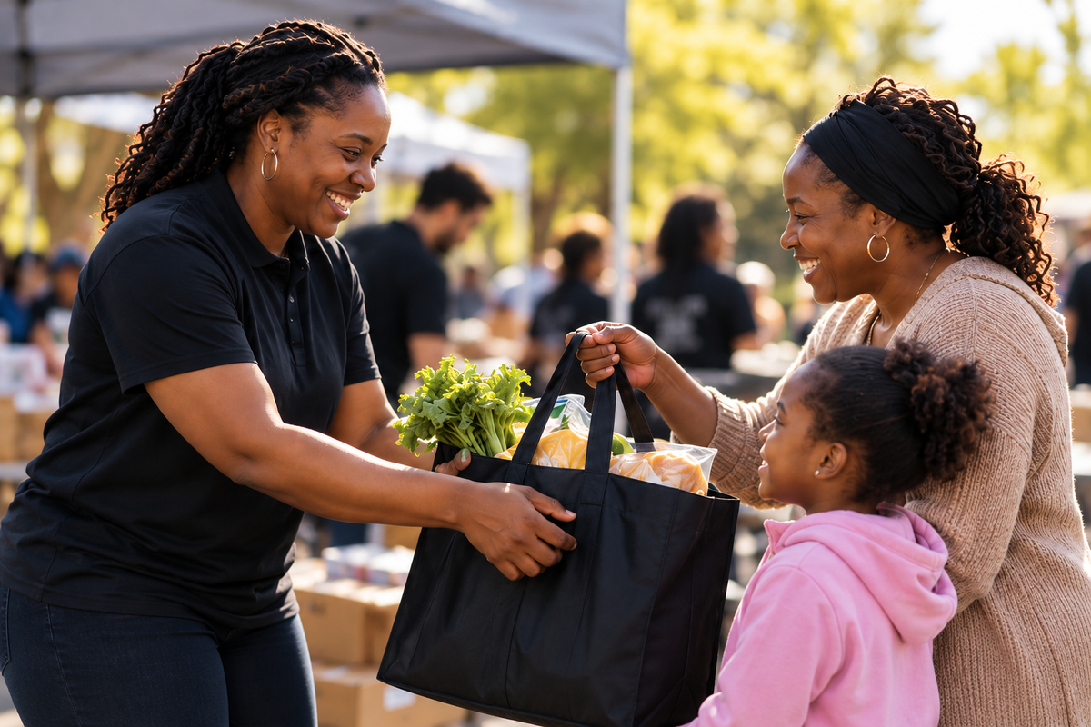 Volunteers sharing groceries with a family at a community outreach event